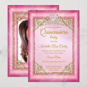 Quinceanera diepe roze damast foto Gouden Tiara Kaart