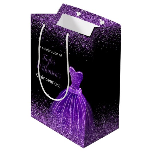 Quinceanera donker Paarse jurk faux glitter Medium Cadeauzakje (Achterkant Gekanteld)