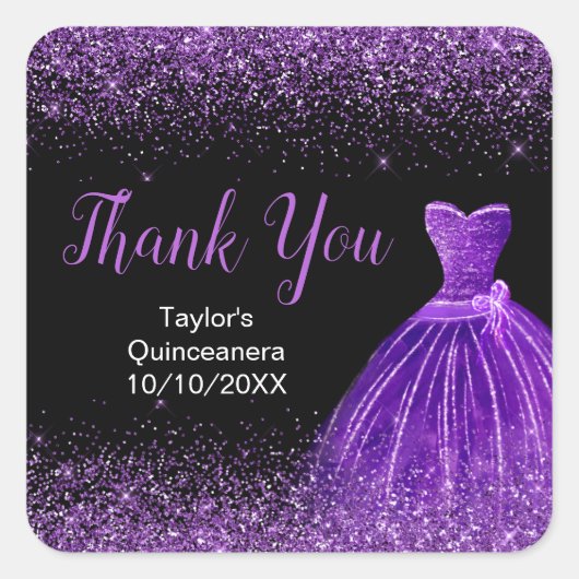 Quinceanera donker Paarse jurk faux glitter Vierkante Sticker (Voorkant)