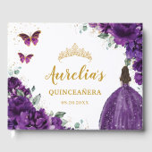 QUINCEAÑERA Donkere Paarse Bloemen Prinses Vlinder Gastenboek (Voorkant)