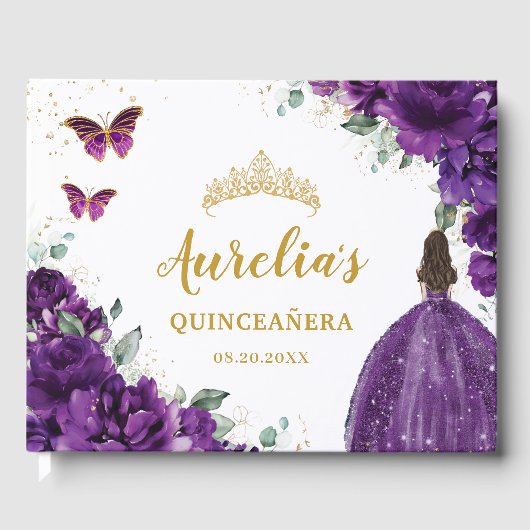 QUINCEAÑERA Donkere Paarse Bloemen Prinses Vlinder Gastenboek (Voorkant)