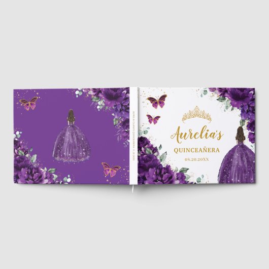 QUINCEAÑERA Donkere Paarse Bloemen Prinses Vlinder Gastenboek (Volledig)