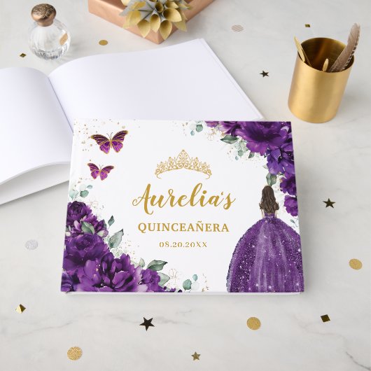 QUINCEAÑERA Donkere Paarse Bloemen Prinses Vlinder Gastenboek (Voorkant open)