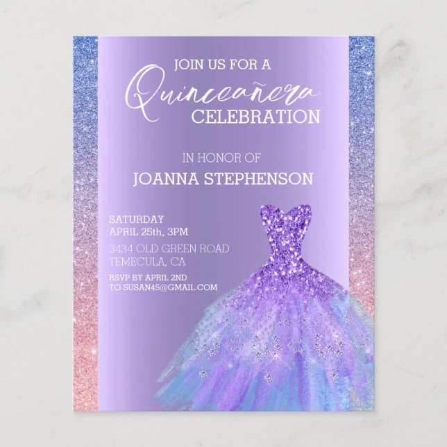 Quinceanera Dress Glitter Paarse Ombre (Voorkant)