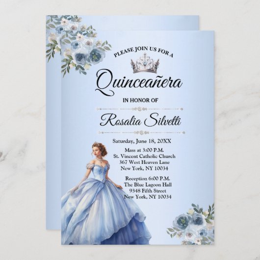 Quinceanera Dusty Blue en Silver Uitnodiging (Voorkant / Achterkant)