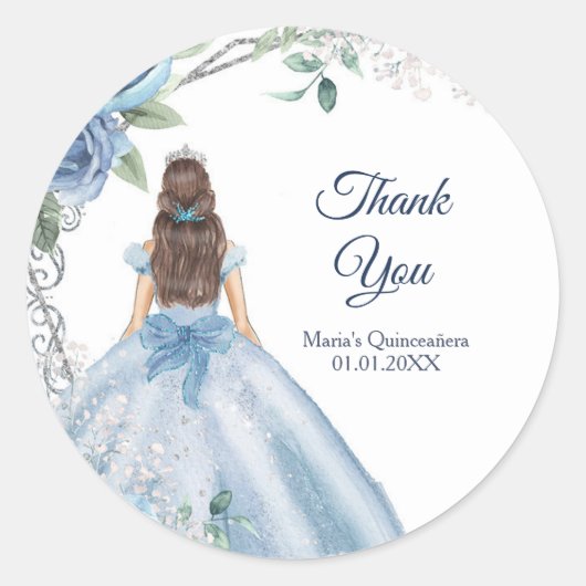 Quinceañera Dusty Blue Floral Dank u Ronde Sticker (Voorkant)
