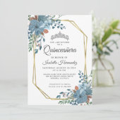 Quinceanera Dusty Blue Floral Gold Lijst Kaart (Staand voorkant)