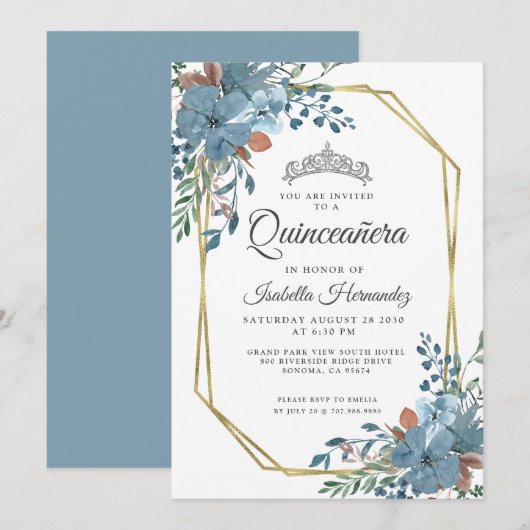 Quinceanera Dusty Blue Floral Gold Lijst Kaart (Voorkant / Achterkant)