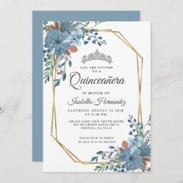 Quinceanera Dusty Blue Floral Gold Lijst Kaart