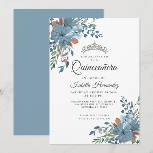Quinceanera Dusty Blue Floral Greenery Kaart (Voorkant / Achterkant)
