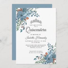 Quinceanera Dusty Blue Floral Greenery Kaart
