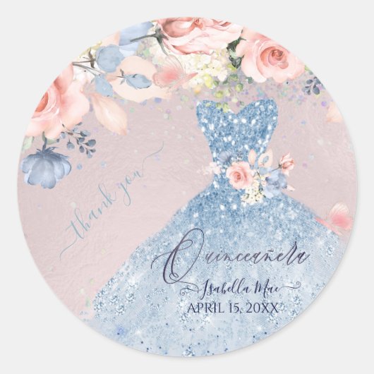 Quinceanera Dusty Blue Glitter Gown Blush Rozen C Ronde Sticker (Voorkant)