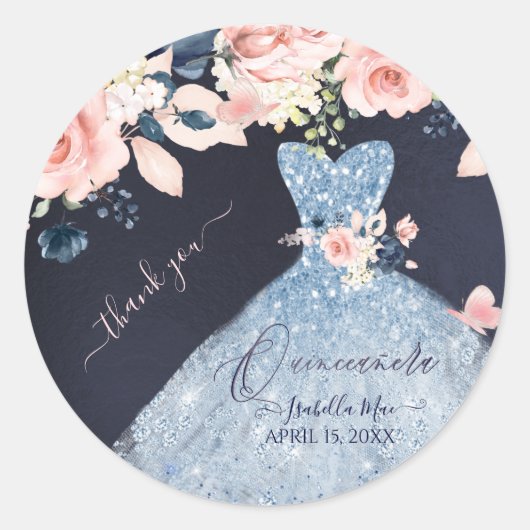 Quinceanera Dusty Blue Glitter Gown Blush Rozen Ronde Sticker (Voorkant)