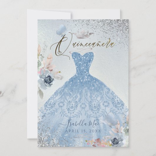 Quinceanera Dusty Blue Glitter Gown Butterflies Kaart (Voorkant)