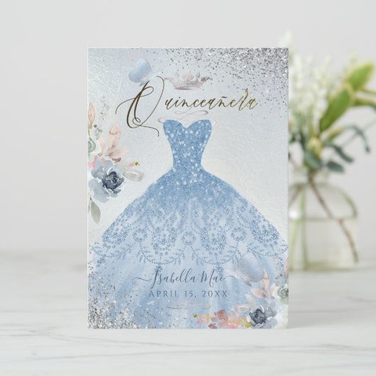 Quinceanera Dusty Blue Glitter Gown Butterflies Kaart (Staand voorkant)
