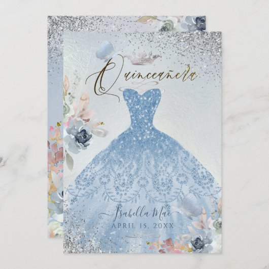 Quinceanera Dusty Blue Glitter Gown Butterflies Kaart (Voorkant / Achterkant)