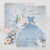 Quinceanera Dusty Blue Glitter Gown Butterflies Kaart (Voorkant / Achterkant)