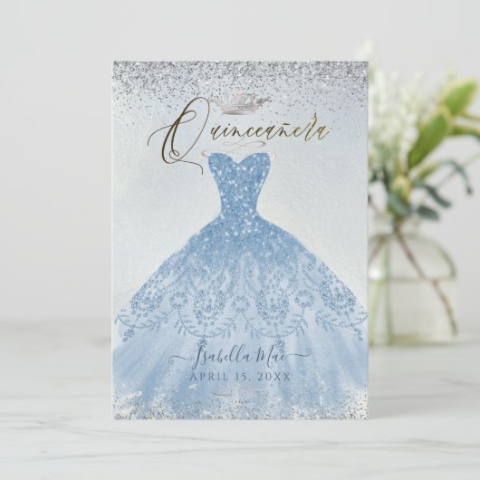 Quinceanera Dusty Blue+Silver Glitter Gown Kaart (Staand voorkant)