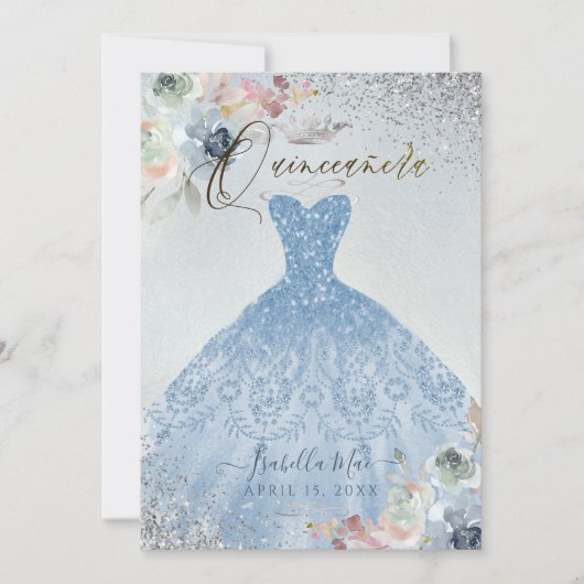 Quinceanera Dusty Blue Silver Glitter Gown Rozen Kaart (Voorkant)