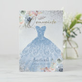 Quinceanera Dusty Blue Silver Glitter Gown Rozen Kaart (Staand voorkant)
