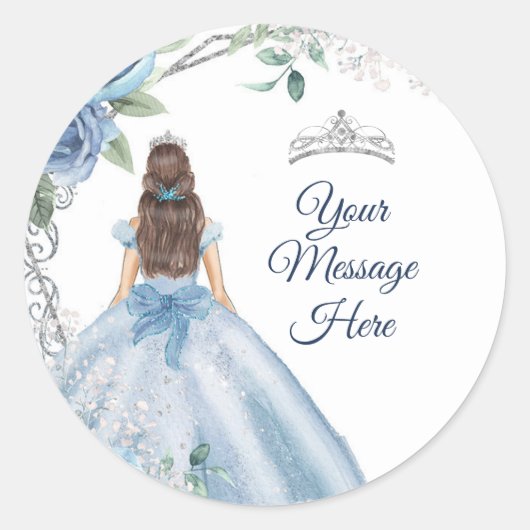 Quinceañera Dusty Blue Uw bericht hier Ronde Sticker (Voorkant)
