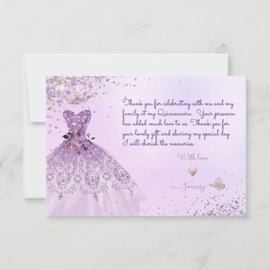 Quinceanera Dusty Lila Paars Silver Glitter Gown Bedankkaart (Achterkant)