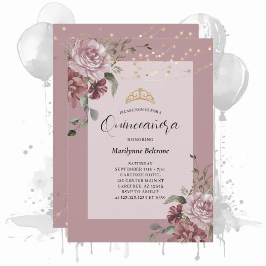 Quinceañera Dusty Paars Floral Gold Invitation Kaart