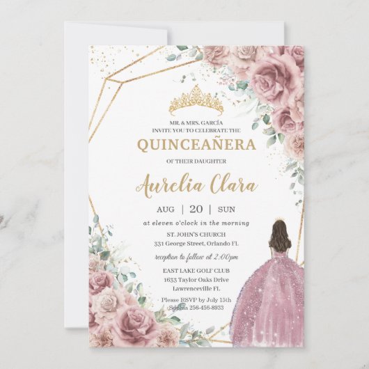 Quinceañera Dusty Roos Floral Princess Gown Gold Kaart (Voorkant)