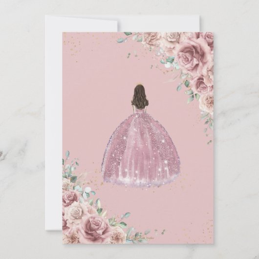 Quinceañera Dusty Roos Floral Princess Gown Gold Kaart (Achterkant)