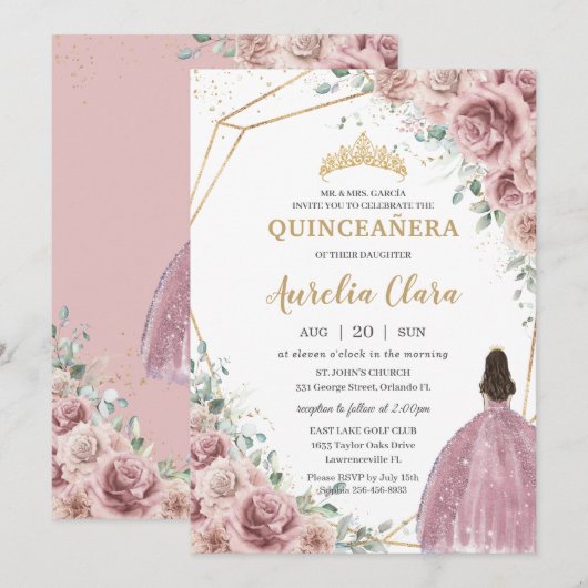 Quinceañera Dusty Roos Floral Princess Gown Gold Kaart (Voorkant / Achterkant)