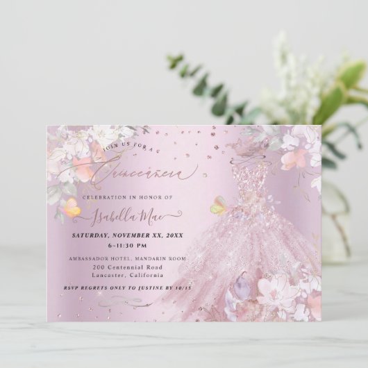 Quinceanera Dusty Roos Glitter Gown Sweet Peas Kaart (Staand voorkant)