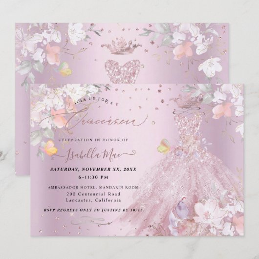 Quinceanera Dusty Roos Glitter Gown Sweet Peas Kaart (Voorkant / Achterkant)