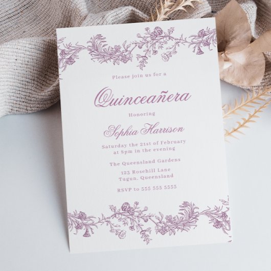  Quinceanera Dusty Roos Roze Bloemen Party Kaart