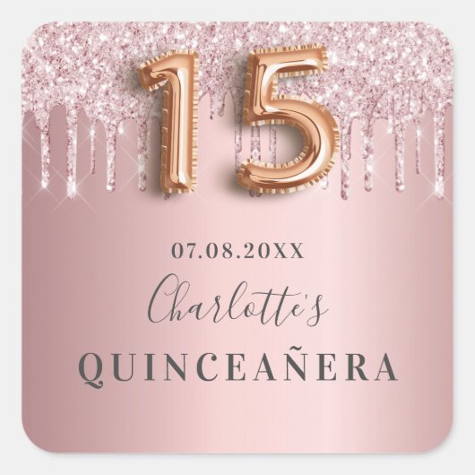 Quinceanera dusty roos roze glitter monogram vierkante sticker (Voorkant)