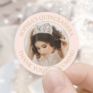 Quinceañera Eenvoudige Foto Blush Roze Goud Dank u Ronde Sticker