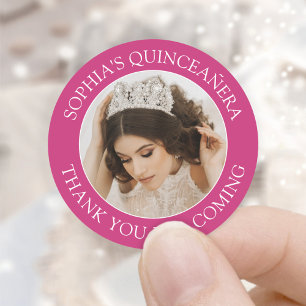 Quinceañera Eenvoudige Foto Fuschia Roze Dank u Ronde Sticker