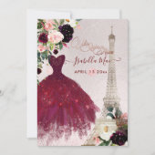 Quinceanera Eiffel Tower, Blush Bourgogne Flowers Kaart (Voorkant)