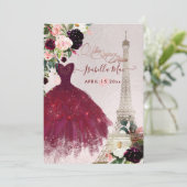 Quinceanera Eiffel Tower, Blush Bourgogne Flowers Kaart (Staand voorkant)