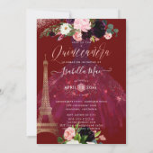 Quinceanera Eiffel Tower, Blush Bourgogne Flowers Kaart (Achterkant)