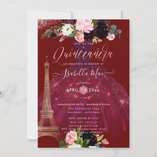 Quinceanera Eiffel Tower, Blush Bourgogne Flowers Kaart (Achterkant)