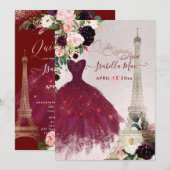 Quinceanera Eiffel Tower, Blush Bourgogne Flowers Kaart (Voorkant / Achterkant)