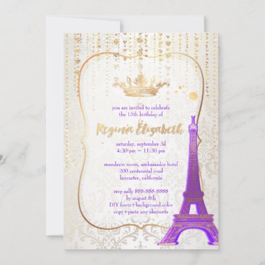 Quinceanera/Eiffel Tower/Parisian Princess/Paars Kaart (Achterkant)
