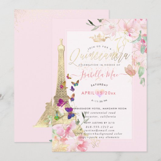 Quinceanera Eiffel Tower, Waterverf Butterflies Kaart (Voorkant / Achterkant)
