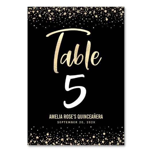 Quinceañera Elegant Black Gold Script Glitter Foli Kaart (Achterkant)