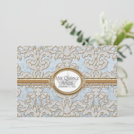 Quinceanera - Elegant Bloemenblad Damast Barok Kaart (Staand voorkant)