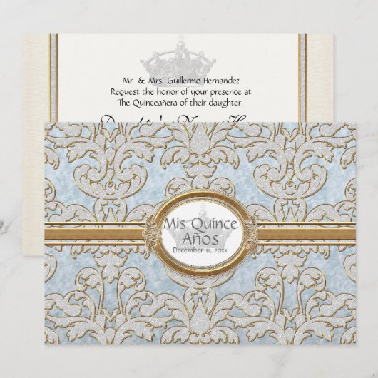 Quinceanera - Elegant Bloemenblad Damast Barok Kaart (Voorkant / Achterkant)