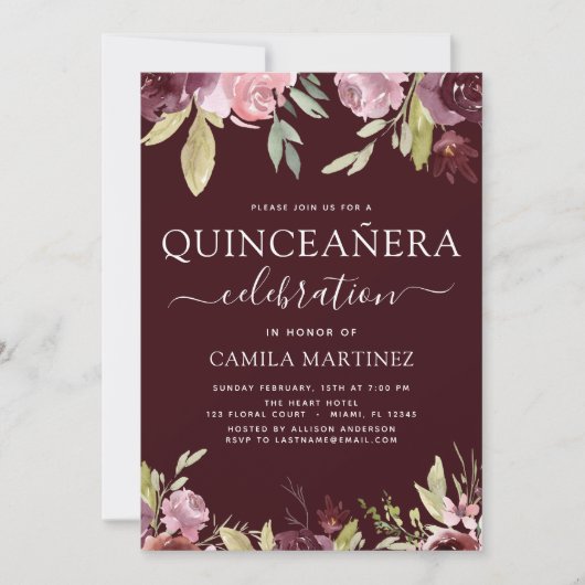 Quinceanera Elegant Bourgogne Blush Roze Bloemen Kaart (Voorkant)