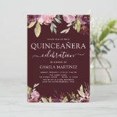 Quinceanera Elegant Bourgogne Blush Roze Bloemen Kaart (Staand voorkant)