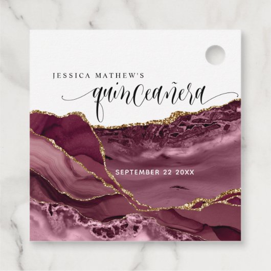 Quinceañera, Elegant Bourgogne Rood en Berry Agaat Bedankjes Labels (Achterkant)