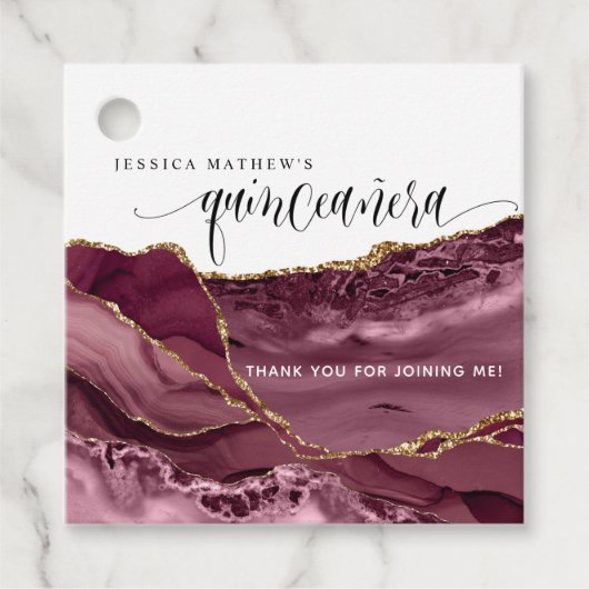 Quinceañera, Elegant Bourgogne Rood en Berry Agaat Bedankjes Labels (Voorkant)